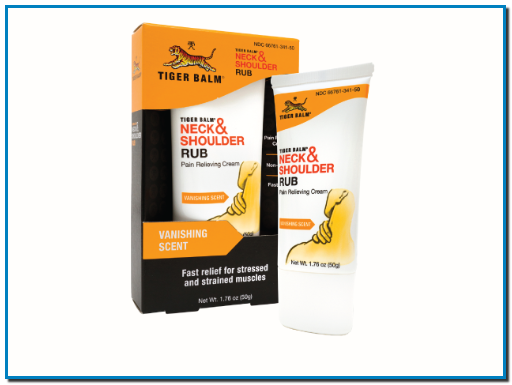 TIGER BALM NECK & SHOULDER RUB RUB OUT NECK AND SHOULDER PAIN FROM WORK STRESS Stressed out by the rat race? Treat yourself to a massage on the go with Tiger Balm Neck & Shoulder Rub.  Tiger Balm Neck & Shoulder Rub provides fast, soothing relief for neck and shoulder pain and the aches caused by work stress, tension, and sitting at a desk for long periods of time. The easy-to-carry and no-fuss dispensing tube makes it convenient to dispense anytime or anywhere you need a lift – in the office or on the go.  The creamy, water-based blend of camphor and menthol gives Tiger Balm Neck & Shoulder Rub a clean, non-greasy feel while the vanishing scent makes it practical for any social or office situation.  TIGER BALM NECK & SHOULDER RUB USES For temporary relief of minor aches and pains associated with:  Neck and shoulder pain Minor aches and pains Minor muscle strain Bruises Sprains  