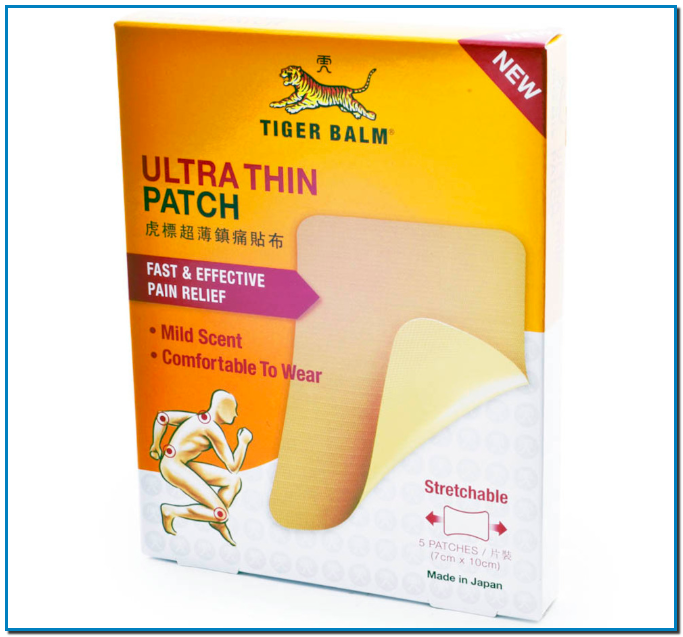 TIGER BALM ULTRA THIN PATCH Feel the relief, not the patch with Tiger Balm Ultra Thin Patch, the muscle pain remedy that’s big on relief. Flexible and stretchable, this plaster offers a long-lasting soothing effect to relieve muscular aches and strains, backaches, sprains and sore joints. Inconspicuous and mildly scented, Tiger Balm Ultra Thin Patch is ideal for use throughout the day and in any situation for fast, effective relief when you need it. Use as a muscle pain remedy and for relief of shoulder aches, sprains and sore joints Inconspicuous, mildly scented for use anytime, anywhere 5 patches in a box (7cm x 10cm)